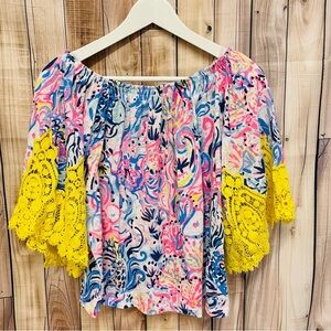 Off-Shoulder Zaylee Top Yellow Crochet Sleeves Lilly Pulitzer Size XS